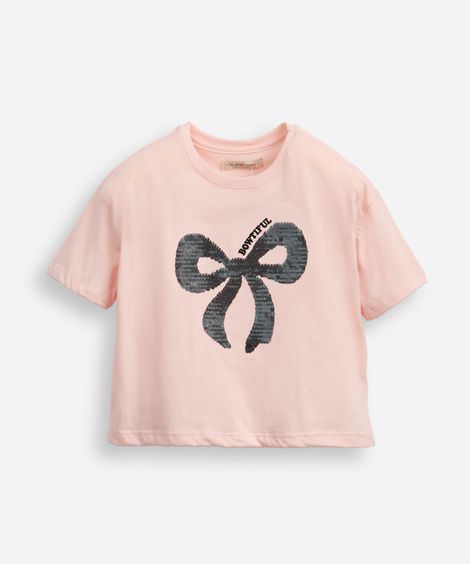 camiseta de algodão infantil lacinho com paetê rosa