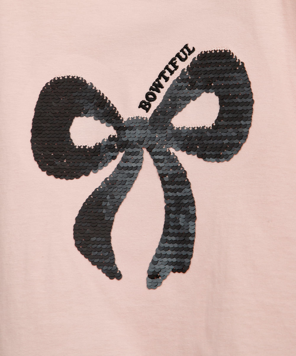 camiseta de algodão infantil lacinho com paetê rosa