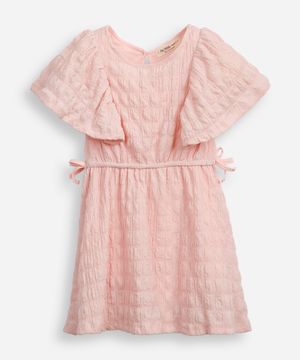 vestido infantil manga com babado texturizado rosa