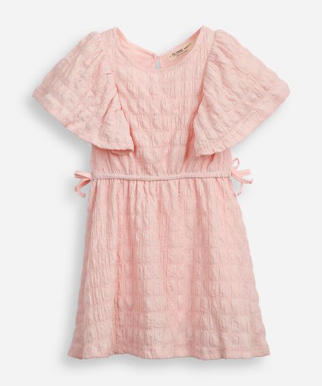 vestido infantil manga com babado texturizado rosa