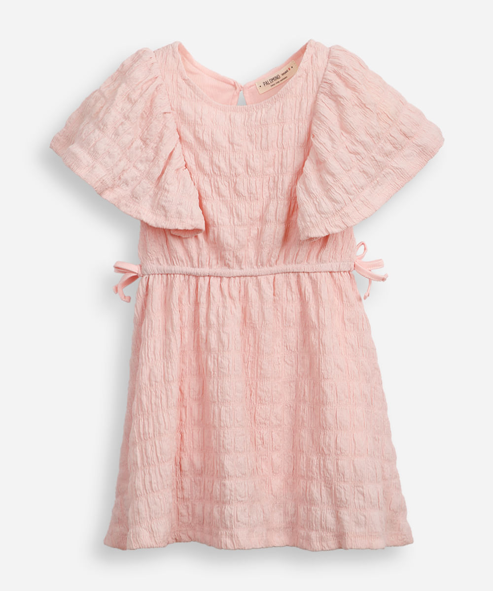 vestido infantil manga com babado texturizado rosa