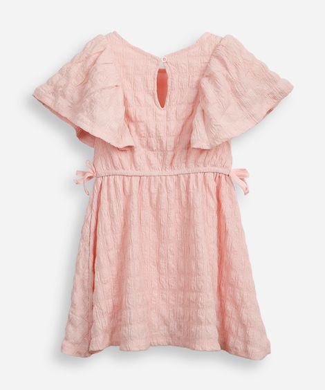 vestido infantil manga com babado texturizado rosa