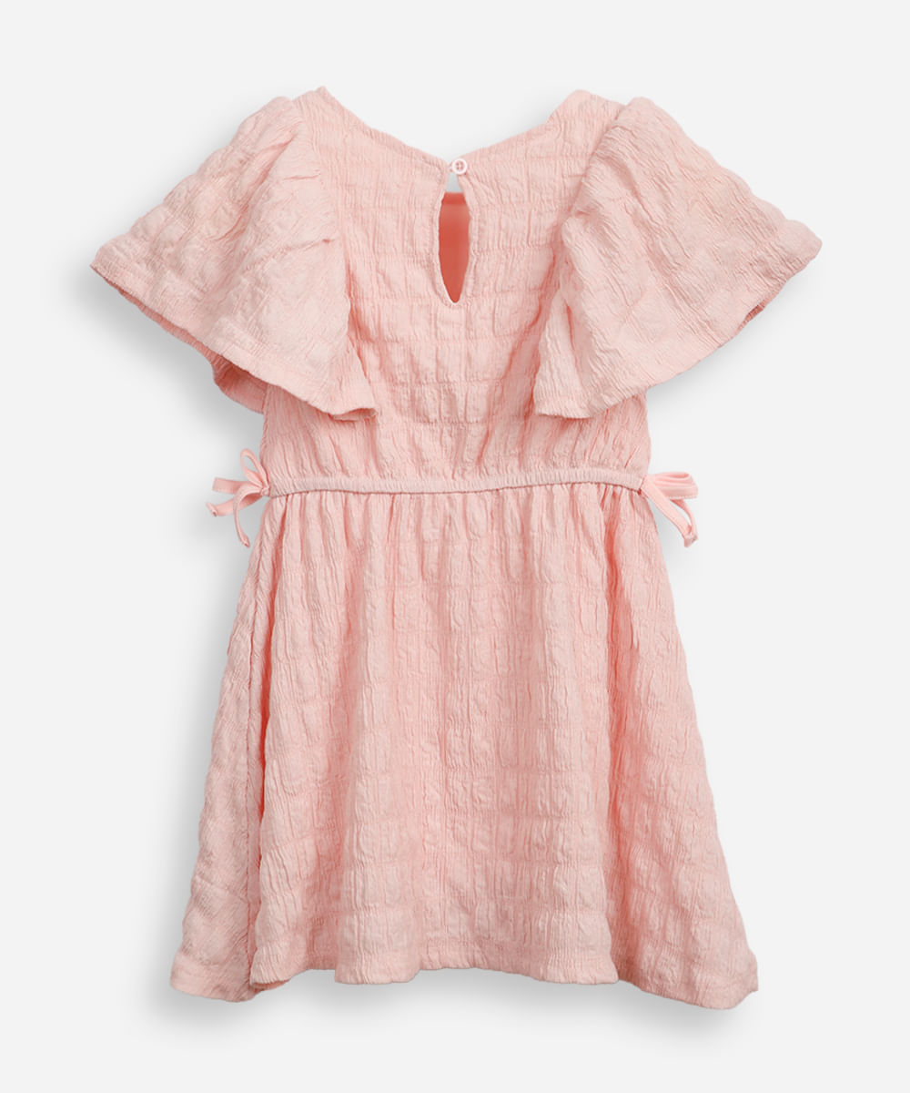 vestido infantil manga com babado texturizado rosa