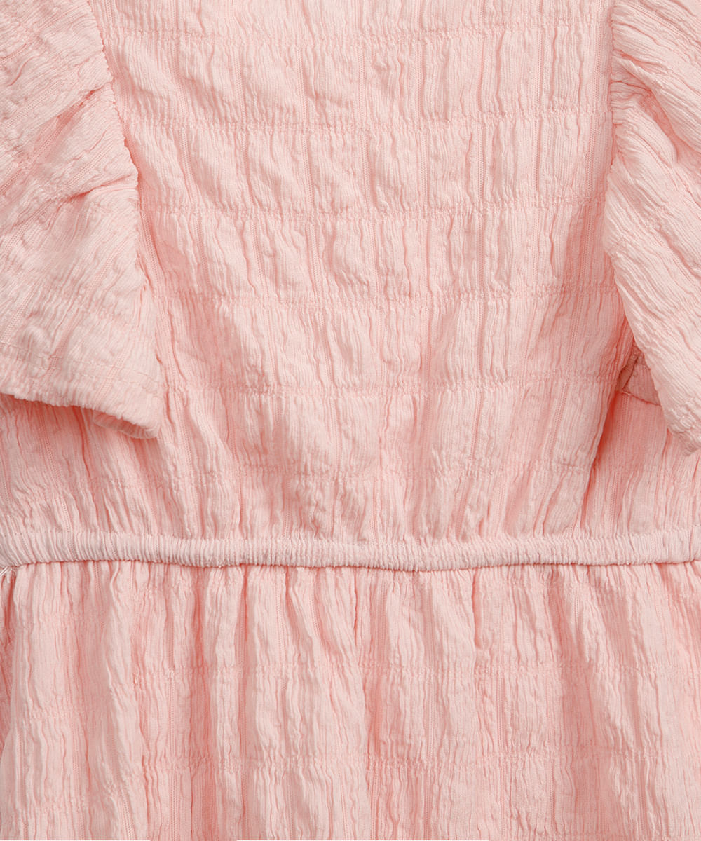 vestido infantil manga com babado texturizado rosa