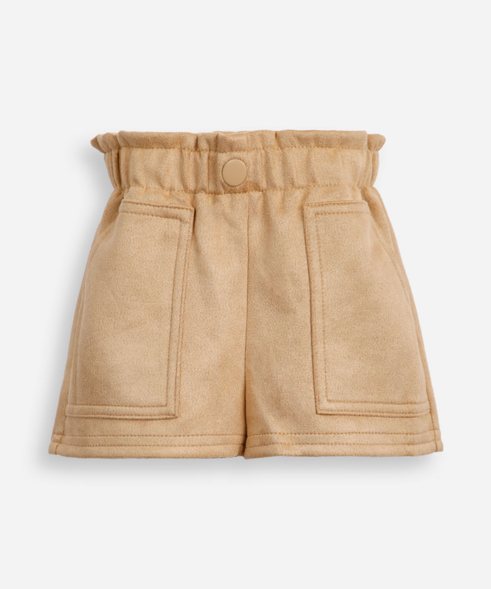 short mom infantil de suede com bolsos bege