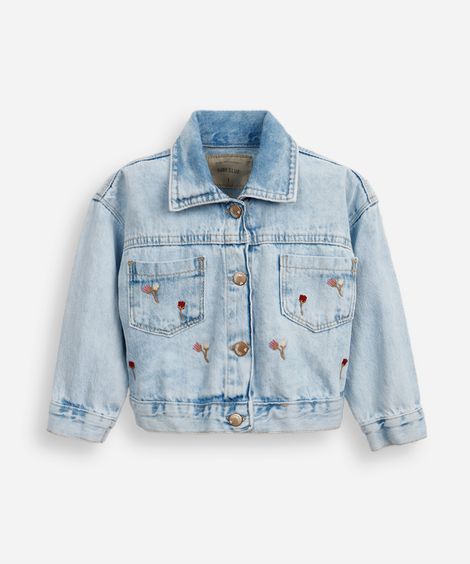 jaqueta jeans infantil floral azul