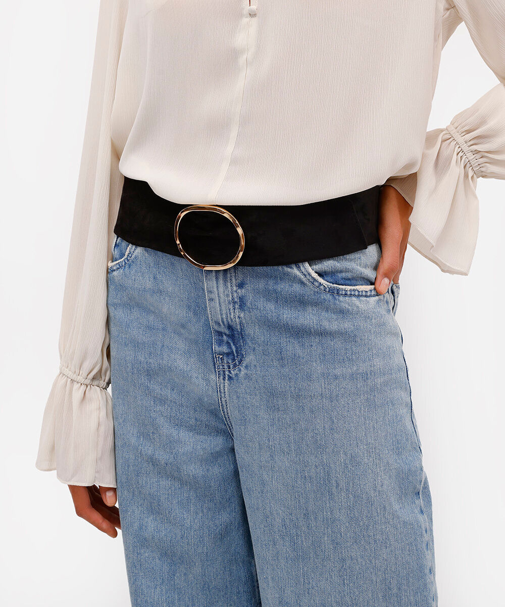 cinto feminino de suede com fivela texturizada preto