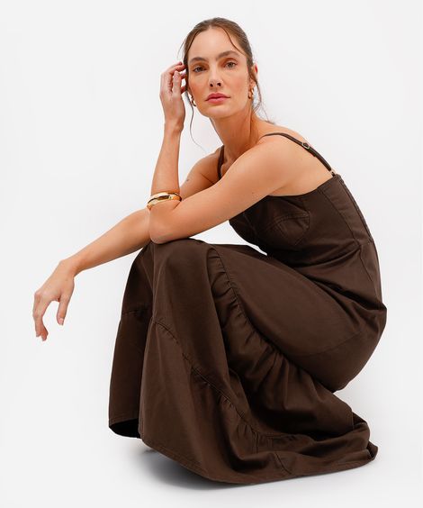 vestido midi alça fina feminino de sarja com recorte marrom