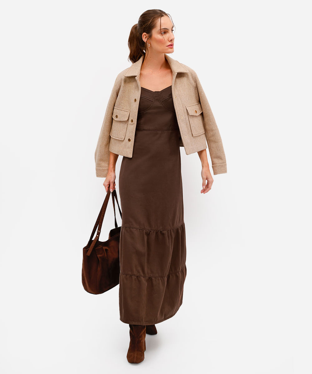 vestido midi alça fina feminino de sarja com recorte marrom