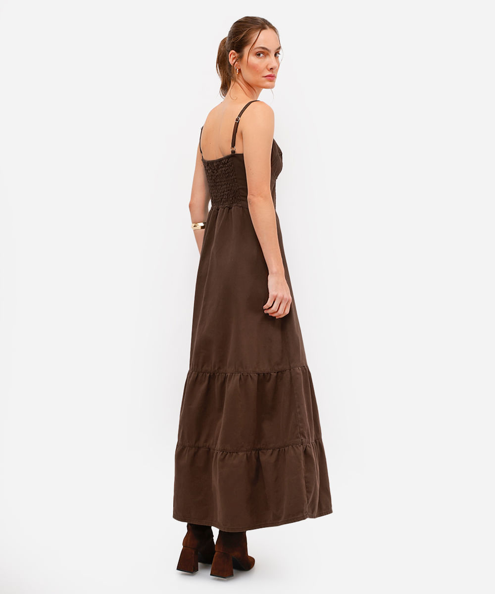 vestido midi alça fina feminino de sarja com recorte marrom