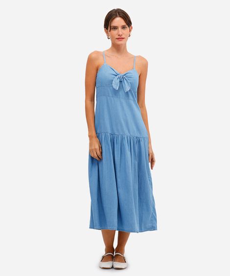 vestido midi jeans com recorte azul