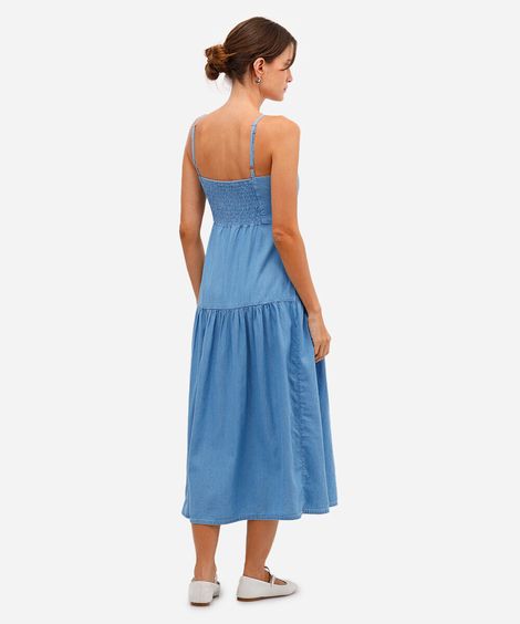vestido midi jeans com recorte azul