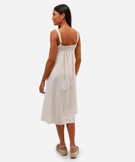 vestido midi feminino com linho e recorte bege