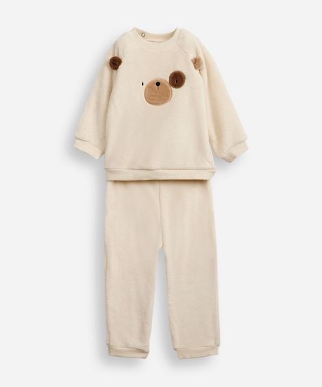 conjunto infantil longo de fleece ursinho bege