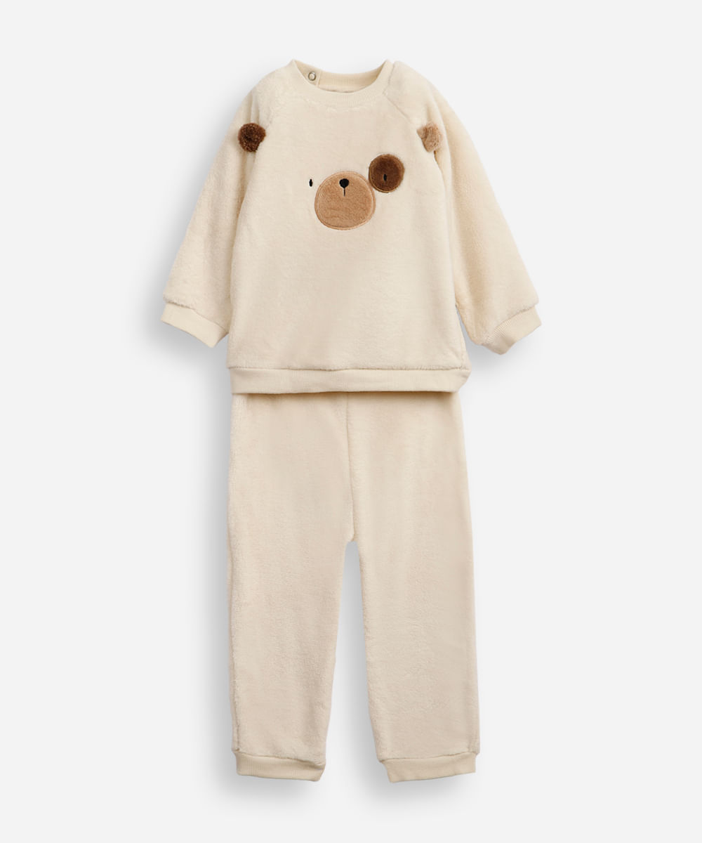 conjunto infantil longo de fleece ursinho bege
