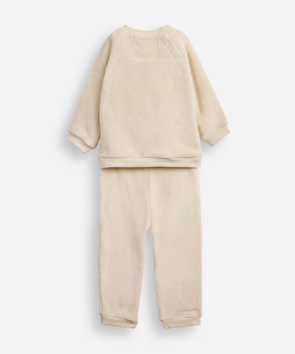 conjunto infantil longo de fleece ursinho bege