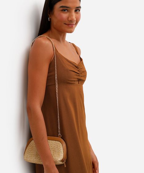 vestido midi feminino com linho e recorte marrom