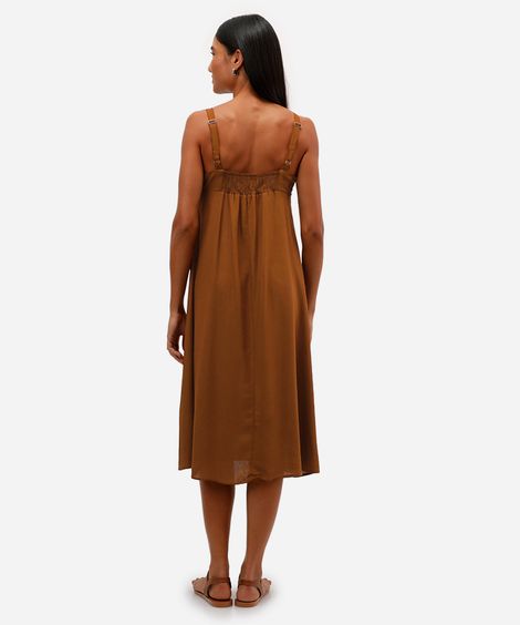 vestido midi feminino com linho e recorte marrom