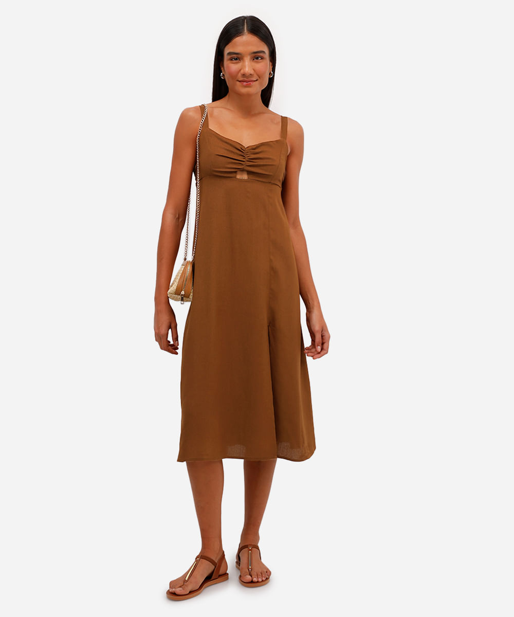 vestido midi feminino com linho e recorte marrom