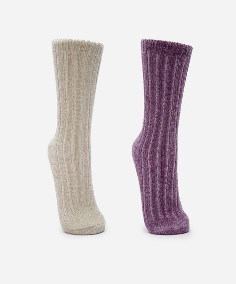 kit de 2 meias femininas de tricot cano alto com antiderrapante colorida