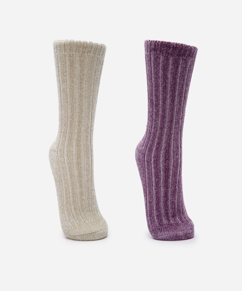 kit de 2 meias femininas de tricot cano alto com antiderrapante colorida