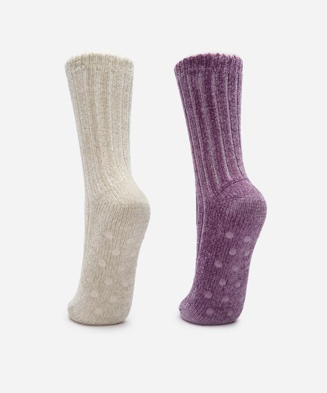 kit de 2 meias femininas de tricot cano alto com antiderrapante colorida