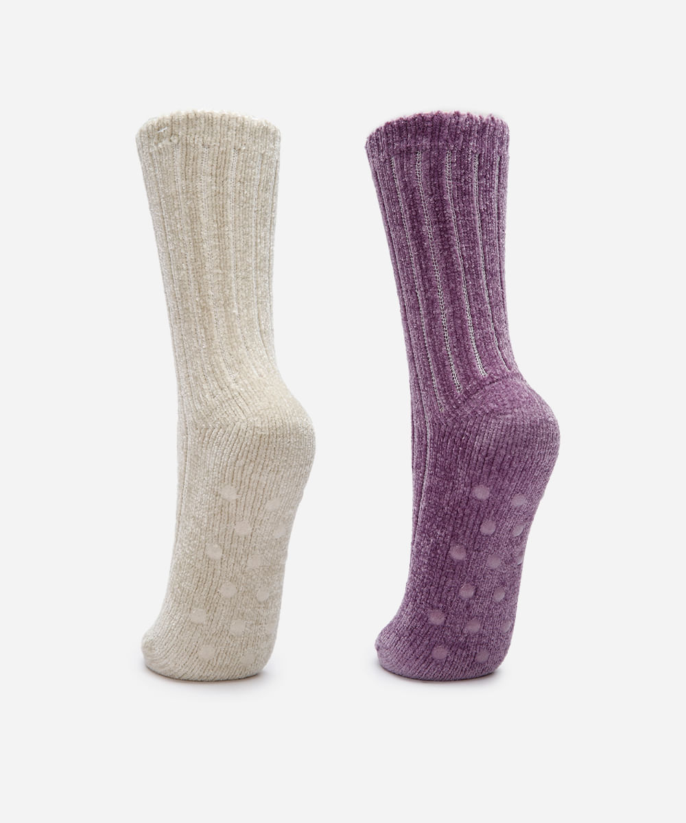 kit de 2 meias femininas de tricot cano alto com antiderrapante colorida