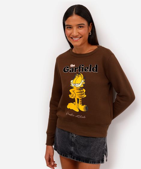 blusão feminino de moletom felpado garfield marrom