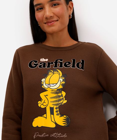 blusão feminino de moletom felpado garfield marrom