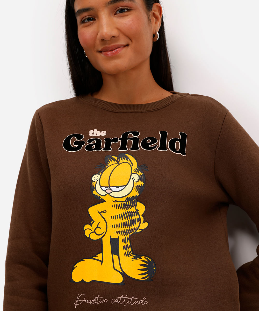 blusão feminino de moletom felpado garfield marrom