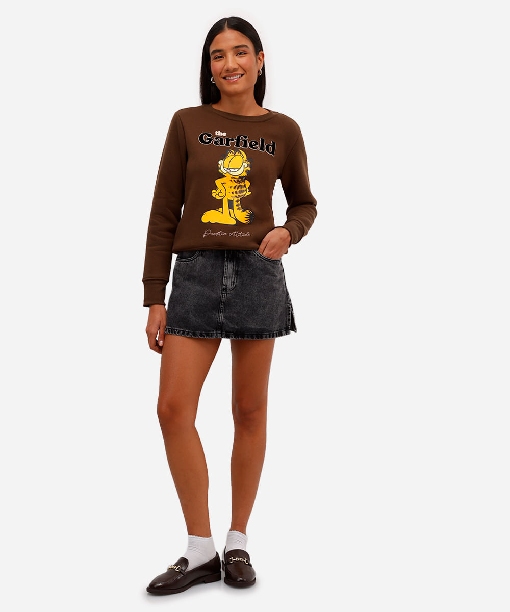 blusão feminino de moletom felpado garfield marrom