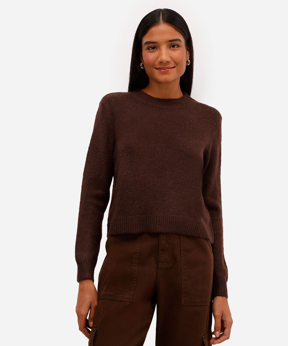 suéter básico cropped feminino de tricot marrom