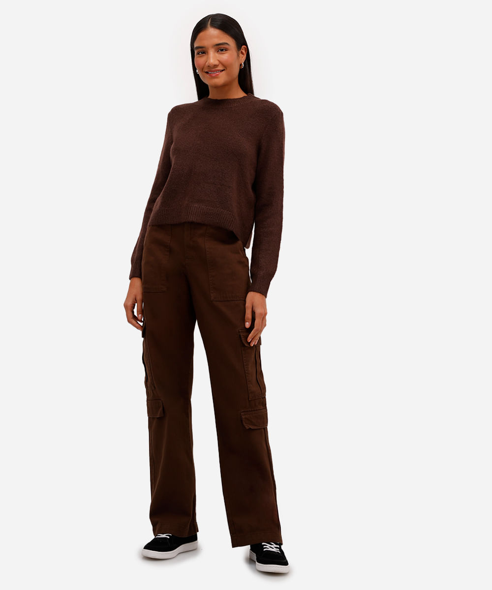 suéter básico cropped feminino de tricot marrom