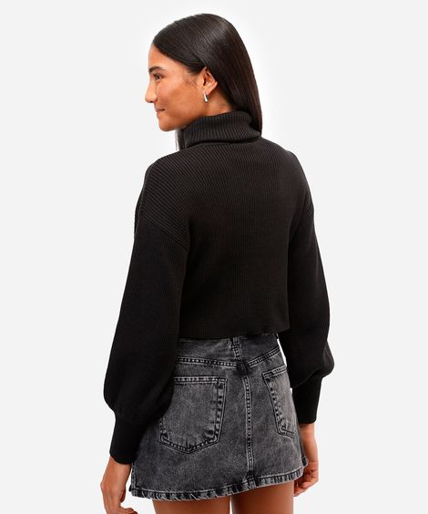 suéter de tricot canelado cropped gola alta - preto
