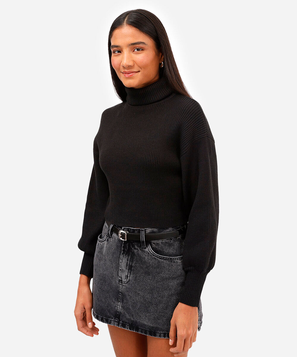 suéter de tricot canelado cropped gola alta - preto