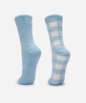 kit de 2 meias femininas cano alto estrelinha xadrez azul