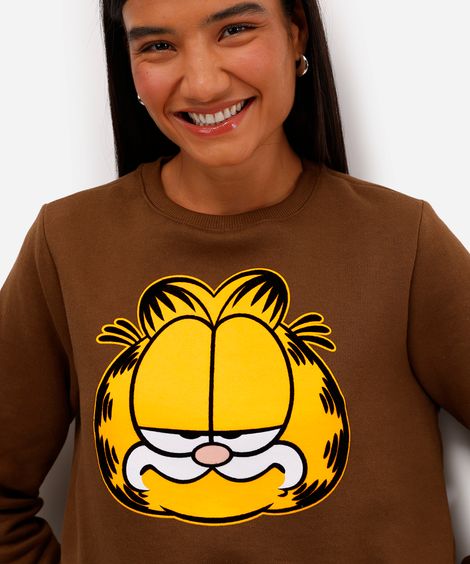 blusão cropped feminino de moletom felpado garfield marrom