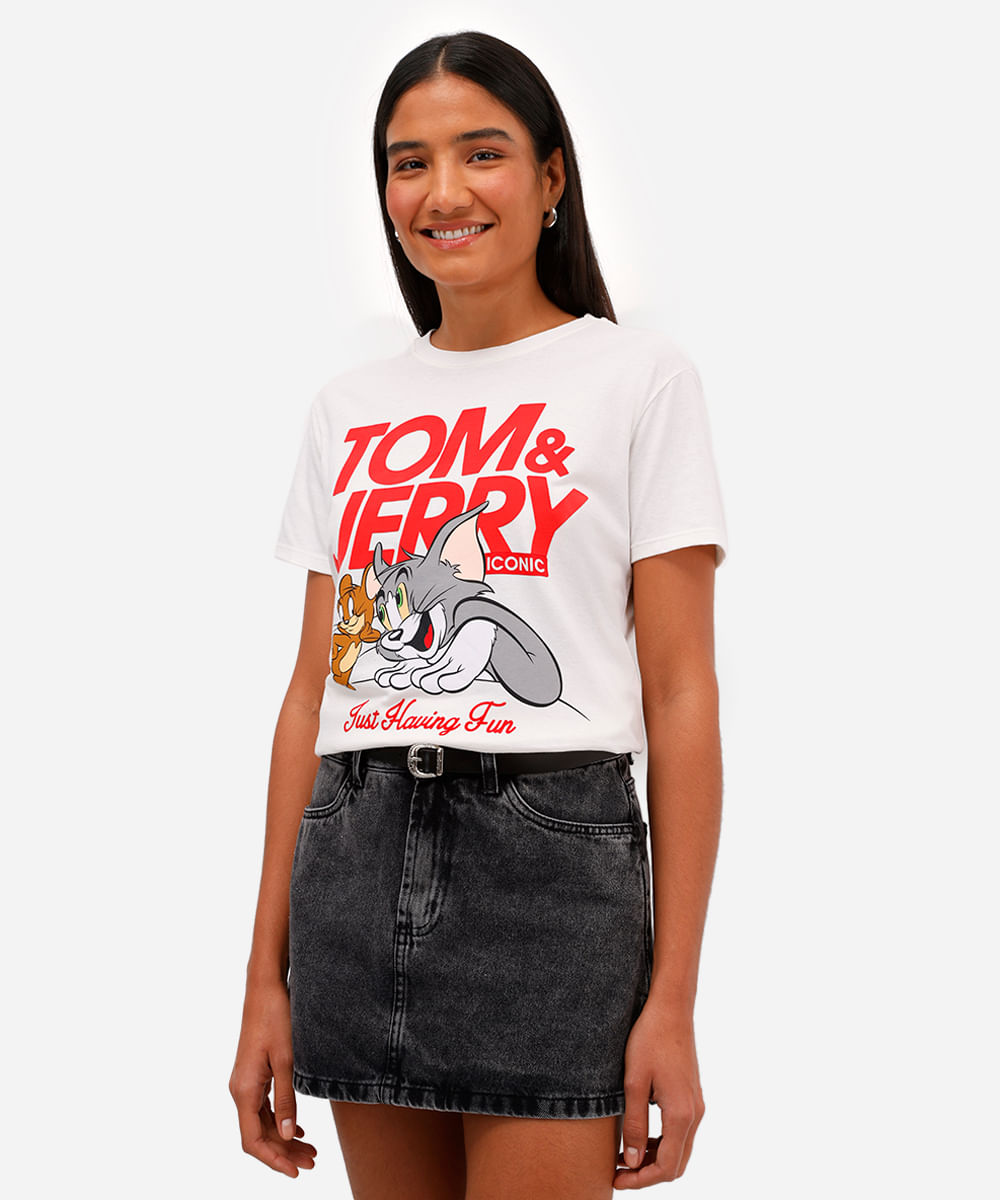 camiseta feminina de algodão tom e jerry off white