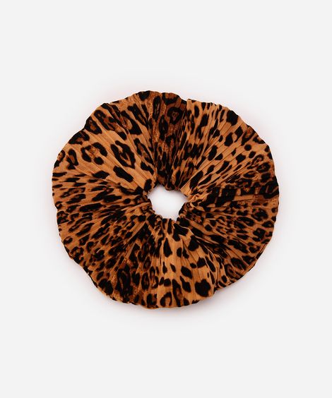 elástico de cabelo feminino scrunchie plissado animal print marrom