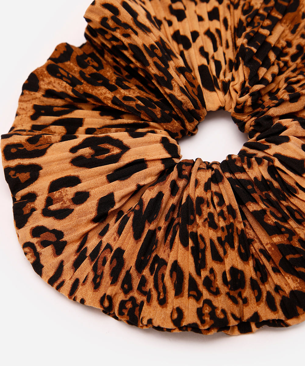 elástico de cabelo feminino scrunchie plissado animal print marrom