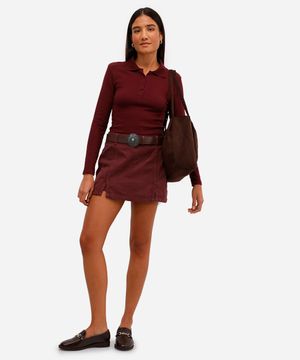 short saia feminino de sarja com fendas - vinho