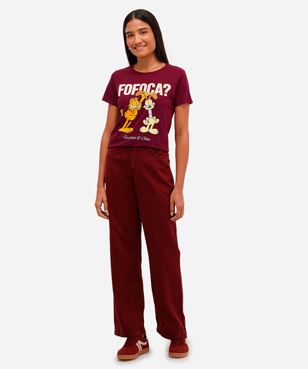 camiseta feminina de algodão garfield vinho