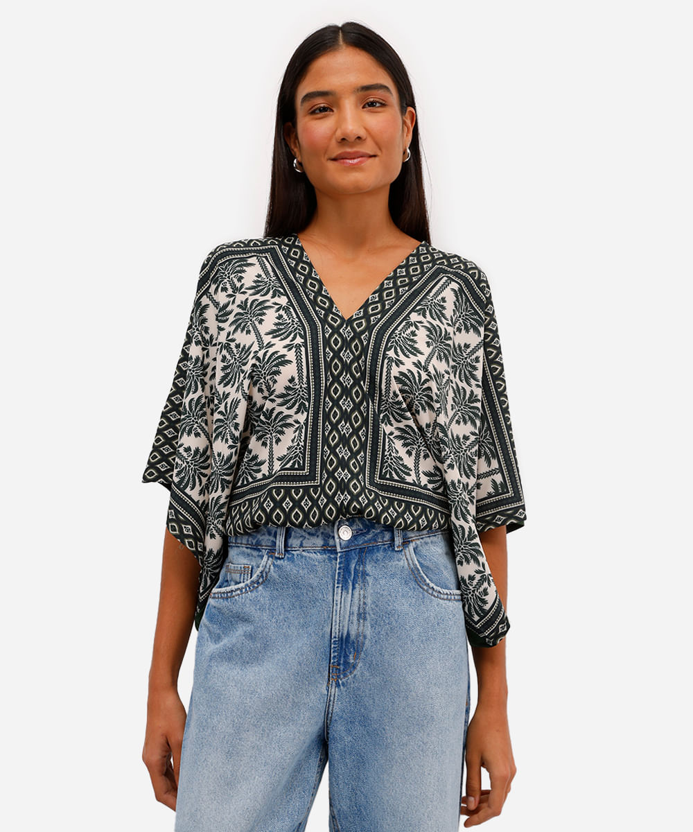 bata feminina de viscose decote v folhagens verde