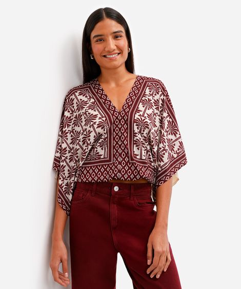 bata feminina de viscose decote v folhagens vinho