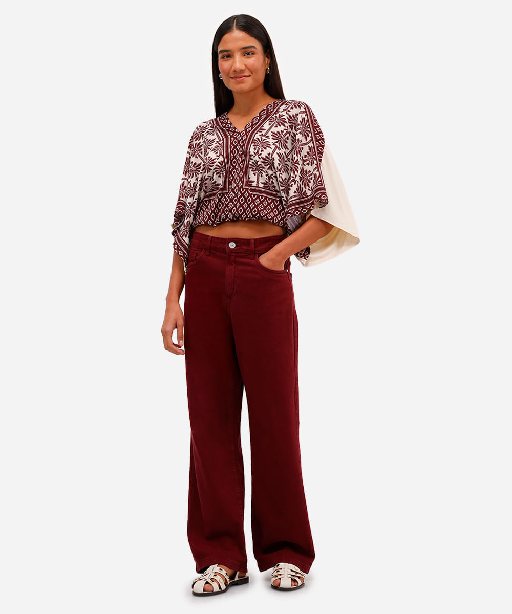 bata feminina de viscose decote v folhagens vinho