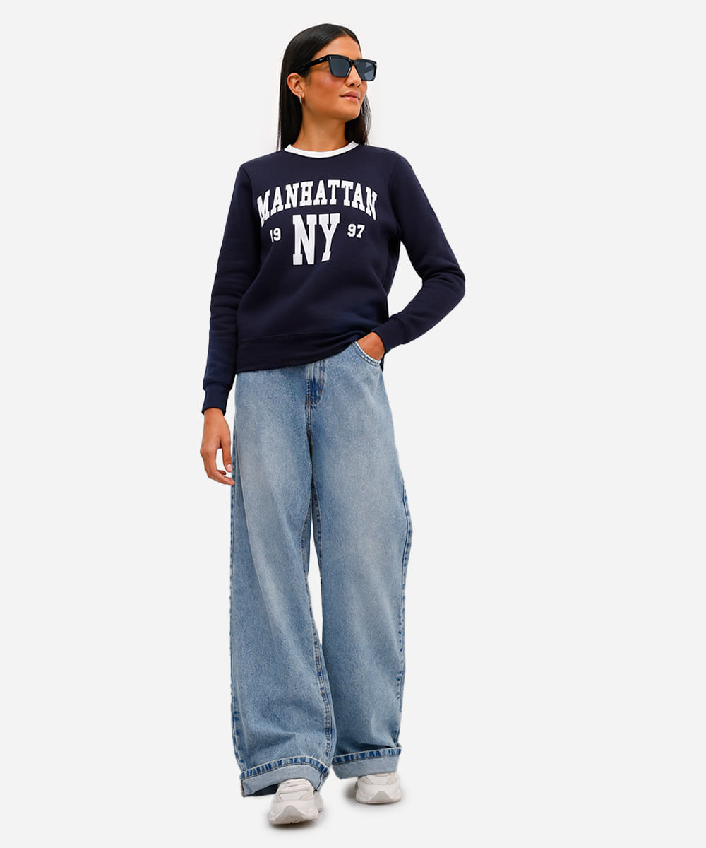 blusão feminino de moletom felpado manhattan azul