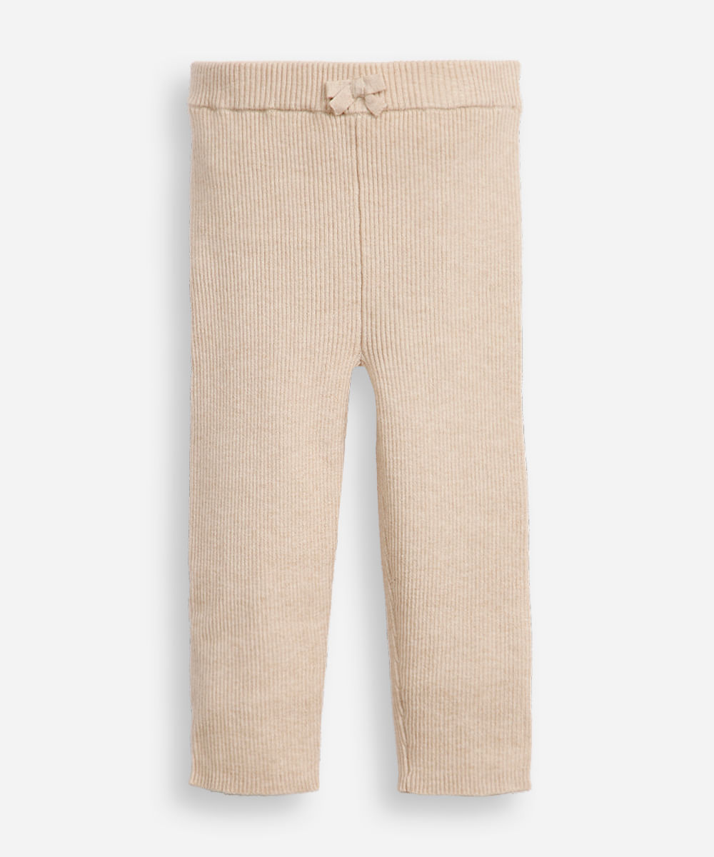 calça legging infantil de tricot canelada bege