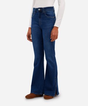 calça flare feminina jeans com fendas azul