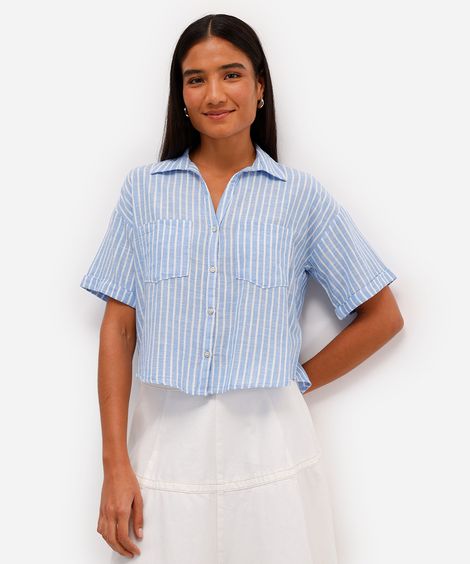 camisa feminina de algodão manga curta com bolsos listrada azul