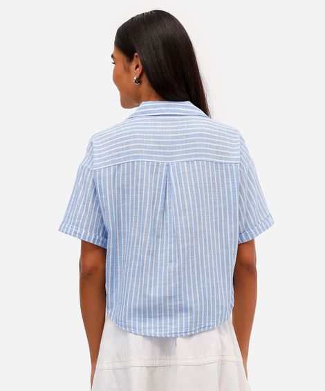 camisa feminina de algodão manga curta com bolsos listrada azul